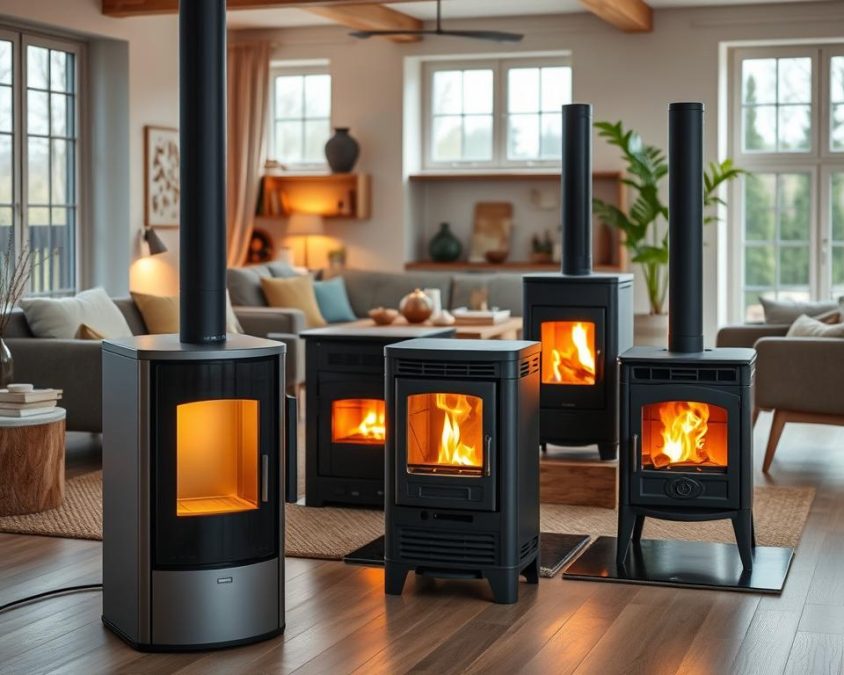 A beautifully arranged living space showcasing various types of indoor heating stoves, emphasizing innovative, space-saving designs. In the foreground, a sleek, modern pellet stove with a minimalist aesthetic and soft golden glow emanating from its flame, creating a warm, inviting atmosphere. In the middle, a collection of efficient wood-burning stoves in diverse styles—traditional cast iron, contemporary ceramic, and an elegant tiled version, each highlighting energy efficiency ratings and eco-friendly features. In the background, a stylish interior with neutral tones, wooden accents, and large windows allowing natural light to flood the room. The overall mood is cozy and contemporary, demonstrating smart living solutions. Soft ambient lighting enhances the warm atmosphere, inviting viewers to envision a comfortable, energy-efficient home.