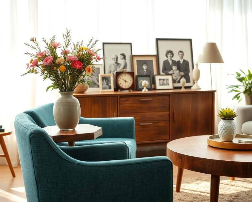 A beautifully arranged vintage furniture scene showcasing a harmonious blend of retro and modern styles. In the foreground, a charming mid-century modern armchair upholstered in rich teal fabric, positioned beside a round, rustic wooden coffee table adorned with an antique ceramic vase filled with fresh flowers. In the middle, a sleek vintage sideboard made of walnut houses an assortment of eclectic decorative items, including a retro clock and framed black-and-white photographs. The background features a softly lit, sun-drenched room with large windows, sheer drapes allowing sunlight to filter in, highlighting the warm hues of the space. The atmosphere is cozy and inviting, evoking a sense of nostalgia while seamlessly integrating modern aesthetics. The composition is captured from a slightly elevated angle, providing a comprehensive view of the scene.