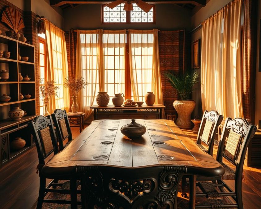 A cozy and artistic interior space that showcases traditional craftsmanship and handmade furnishings. In the foreground, a beautifully crafted wooden table with intricate carvings, surrounded by artisan-made chairs featuring woven seats. The middle ground includes shelves displaying unique pottery and textiles, reflecting cultural heritage. The background features large windows draped with soft, natural fabrics, allowing warm, golden sunlight to flood the room. The atmosphere is inviting and serene, embodying both elegance and comfort. Soft shadows create a sense of depth, and a wide-angle lens captures the layout, emphasizing the harmony of handcrafted elements in the design. Ideal for conveying the theme of artisanal tradition in modern decor.