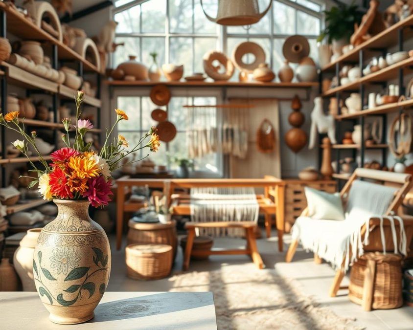 A cozy, artistic studio space showcasing a variety of handcrafted unique items, such as pottery, textiles, and wooden furniture, all displayed on rustic wooden shelves. In the foreground, a hand-painted ceramic vase with intricate designs holds fresh flowers, adding a touch of color. The middle ground features a warm-toned weaving station with yarn and unfinished tapestries. The background has large windows allowing soft, natural light to spill in, casting gentle shadows throughout the room. The atmosphere feels inviting and creative, inspiring thoughts of craftsmanship and individuality. Use a wide-angle lens for depth and capture the essence of artisanal trends with a bright, airy ambiance.