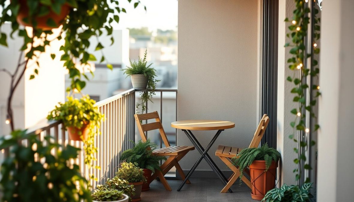 A cozy balcony setting with a compact, space-saving balcony furniture arrangement. A small cafe-style bistro table with two matching chairs nestled in the corner, creating an intimate dining or relaxation space. Lush potted plants and trailing vines add a touch of greenery, complementing the natural wooden tones of the furniture. Gentle natural light filters through, casting a warm, inviting glow over the scene. The balcony's railing is adorned with string lights, adding a soft, ambient illumination as the evening approaches. Realistic textures and subtle imperfections in the materials convey a sense of authenticity, resulting in a charming, inviting atmosphere perfect for enjoying a tranquil outdoor moment.