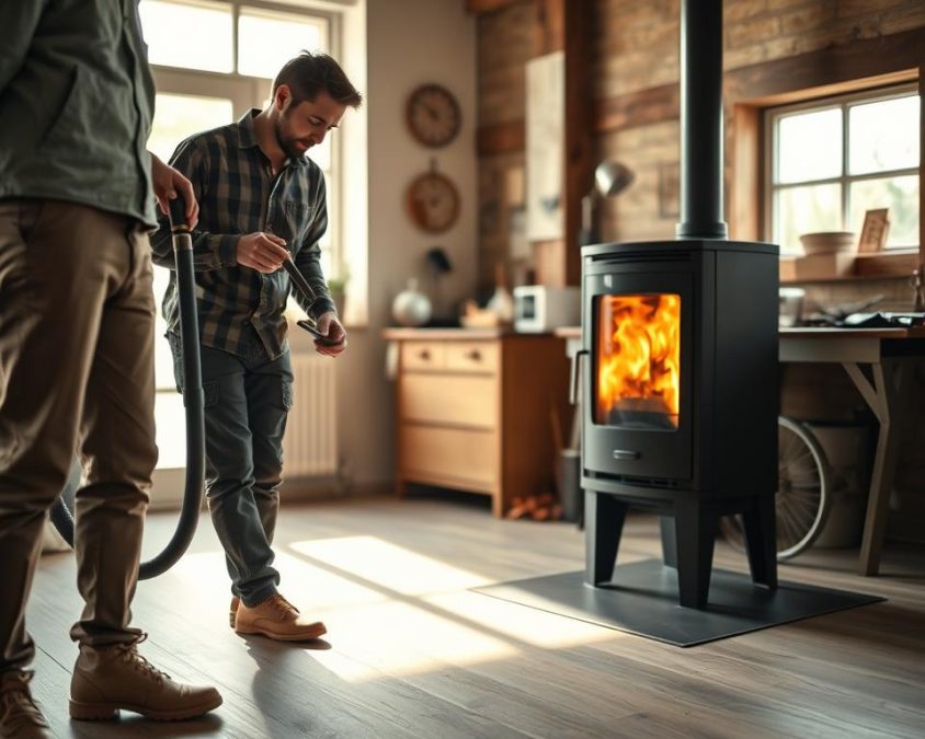 A cozy indoor setting focused on the maintenance of a wood stove, highlighting a professional dressed in modest casual clothing inspecting the Kaminofen. In the foreground, the technician is holding tools like a brush and a vacuum, examining the stove's flue and ash pan. In the middle ground, the Kaminofen, a sleek and modern design with glass doors and visible flames, radiates warmth. The background showcases a well-organized tool bench with maintenance equipment and a window letting in warm, natural light, enhancing the inviting atmosphere. Soft shadows and a warm color palette create a homely mood, emphasizing the importance of regular care and upkeep for longevity. The image should evoke a sense of responsibility and professionalism in maintaining heating appliances.
