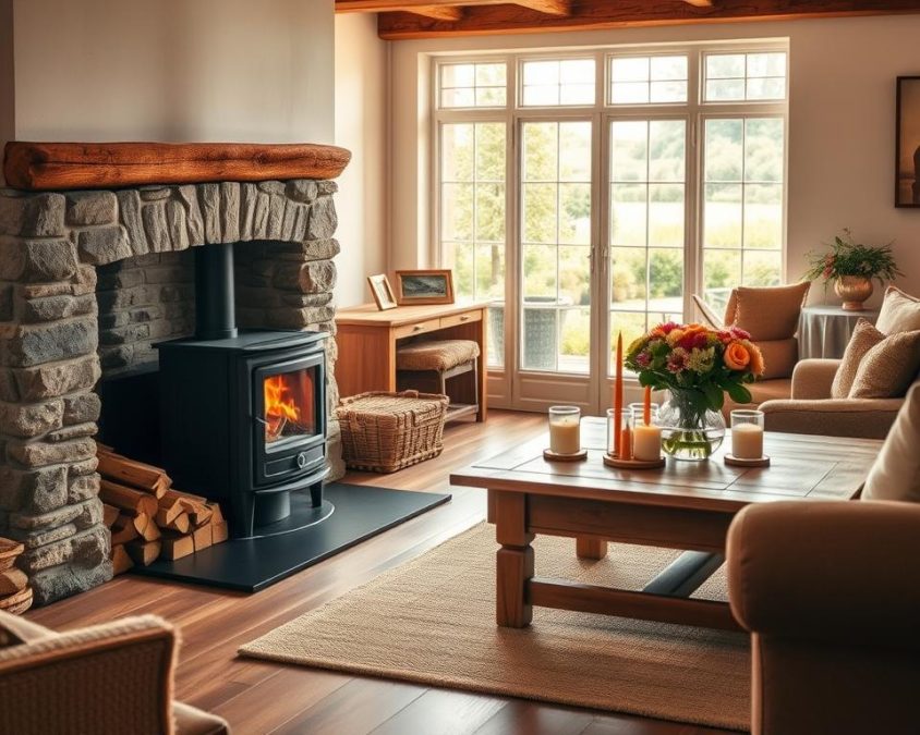A cozy living room featuring an elegant integration of a wood-burning stove in a traditional country house style. In the foreground, a stylish, modern stove sits seamlessly built into a rustic stone fireplace, surrounded by stacks of firewood. The middle ground displays a charming wooden coffee table adorned with decorative candles and a vase of fresh flowers. Soft, warm lighting illuminates the scene, casting gentle shadows that create a relaxed atmosphere. In the background, large windows reveal a picturesque view of a lush garden, while warm, earthy colors dominate the decor, enhancing the inviting feel of the space. The overall mood is peaceful and homely, perfect for showcasing successful stove integrations in interior design.