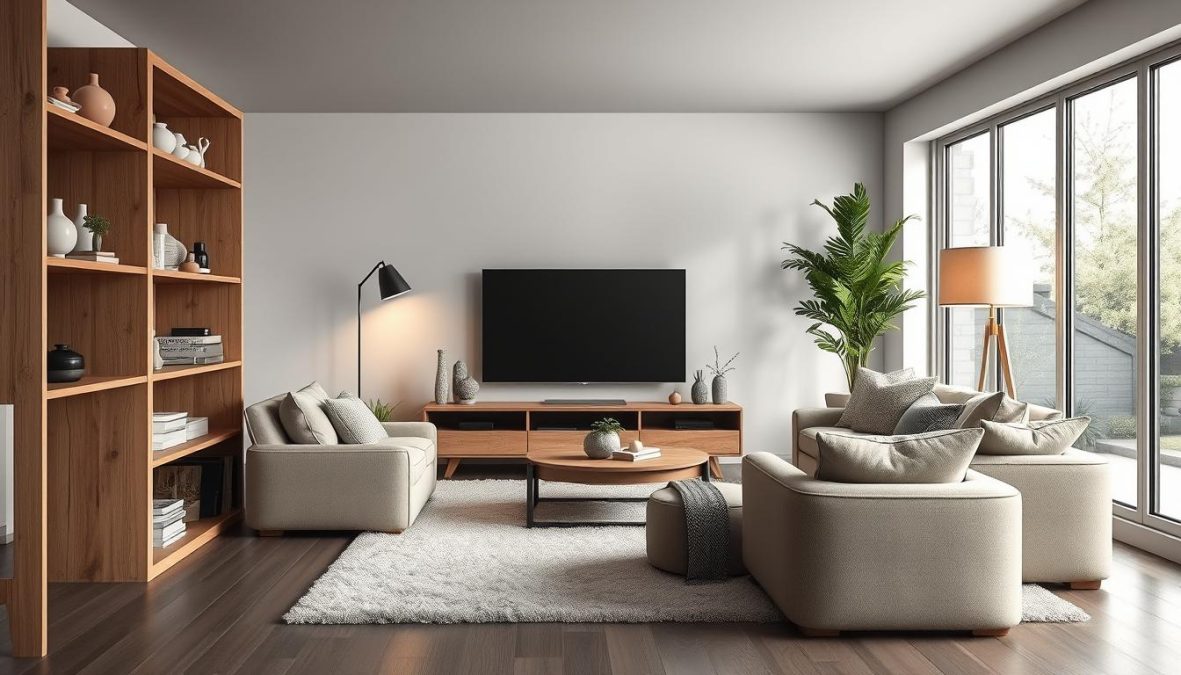 A cozy living room with a modern, minimalist aesthetic. A natural wood bookshelf stands in the foreground, its shelves adorned with carefully curated décor pieces - sleek vases, abstract sculptures, and lush potted plants. In the center, a low-profile media console supports a large flatscreen TV, flanked by contemporary floor lamps that cast a warm, ambient glow. The middle ground features a plush, neutral-toned sofa and armchair arrangement, accented with textured throw pillows and a soft, shaggy rug. The background reveals large windows, allowing natural light to flood the space and creating a serene, relaxing atmosphere. Photorealistic, natural lighting, DSLR 85mm lens, realistic imperfections, no text.