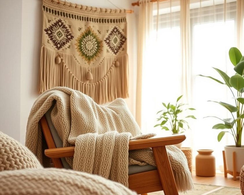 A cozy living space showcasing sustainable textiles and fabrics, emphasizing tactile experiences. In the foreground, a plush, textured organic cotton throw draped over a natural wood armchair, with a soft, recycled wool cushion nestled beside it. The middle ground features an elegant fabric wall hanging made from hemp, adorned with intricate patterns. A large, bright window with sheer linen curtains allows soft, warm sunlight to filter in, enhancing the earthy color palette. In the background, a potted indoor plant adds a touch of greenery, creating a tranquil atmosphere. The scene conveys a sense of comfort and eco-friendliness, with a warm, inviting ambiance. Shot from a slightly elevated angle with a shallow depth of field, focusing on the textures.