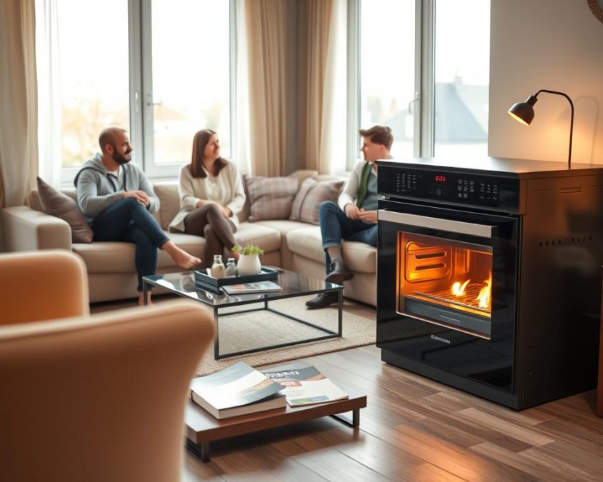 A cozy, modern living room featuring a stylish interior design oven as the focal point. In the foreground, the oven radiates warmth with a softly glowing flame, set against a backdrop of inviting, neutral-toned walls and carefully arranged contemporary furniture. On the left, a small group of satisfied customers in modest casual clothing discuss their experiences with the oven while sitting on a plush sofa. In the middle, a sleek coffee table displays brochures of popular models and manufacturers in Germany. The background features large windows letting in soft, warm daylight, creating a welcoming atmosphere. Use a soft focus lens effect to emphasize the oven and customers while keeping the room's design elements clear. The overall mood is inviting and familial, reflecting comfort and innovation in home decor.