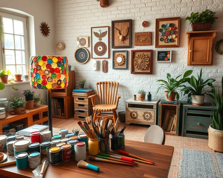 A cozy, sunlit workspace showcasing a variety of DIY upcycling projects. In the foreground, a wooden table is cluttered with colorful paint cans, brushes, and an intricately upcycled lamp made from recycled materials. In the middle, a series of creative furniture pieces, such as a chair made from pallets and a side table crafted from old crates, reflect innovative design. The background features a textured wall adorned with framed art pieces, showcasing repurposed decorative elements like bottle caps and fabric scraps. Soft, natural light filters through a window, highlighting the warm and inviting atmosphere, while plants in repurposed containers add a touch of greenery. The scene conveys a sense of creativity, sustainability, and personal expression.