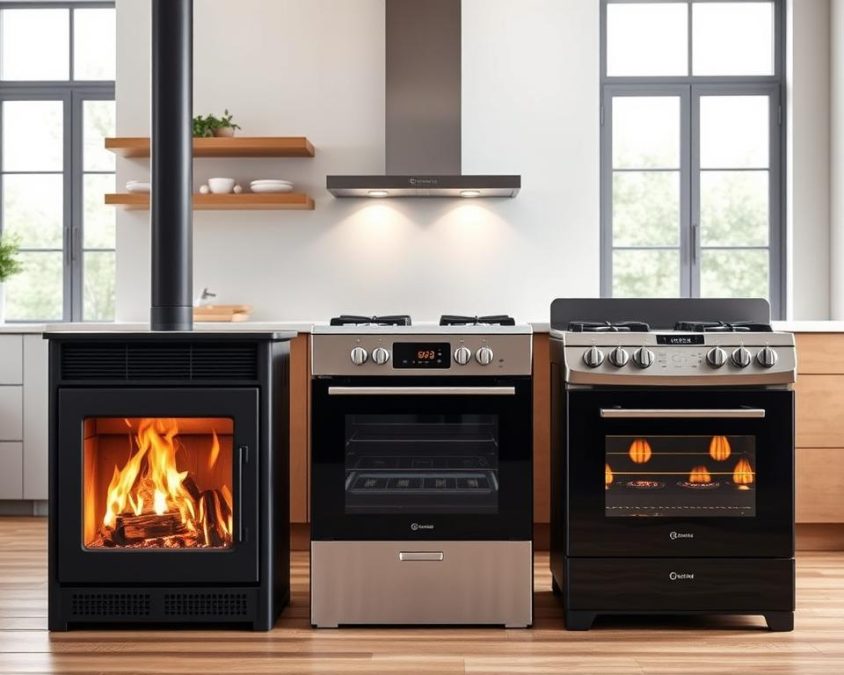 A detailed comparison of various types of stoves, including wood, gas, and electric, each represented in a stylish, modern kitchen environment. In the foreground, showcase a sleek wood-burning stove with warm flames flickering inside, highlighting its rustic charm. In the middle, place a contemporary electric stove with a smooth surface, reflecting natural light and emphasizing its sleek design. On the other side, show a gas stove, its burners glowing slightly, suggesting efficiency. The background should feature a minimalistic kitchen with neutral tones, large windows allowing natural light to illuminate the scene, creating a welcoming and informative atmosphere. The camera angle should be slightly above eye level, providing a clear view of all stoves, while keeping the focus soft to enhance the inviting ambiance. The mood is professional, yet cozy, perfect for a comparison of advantages and disadvantages.