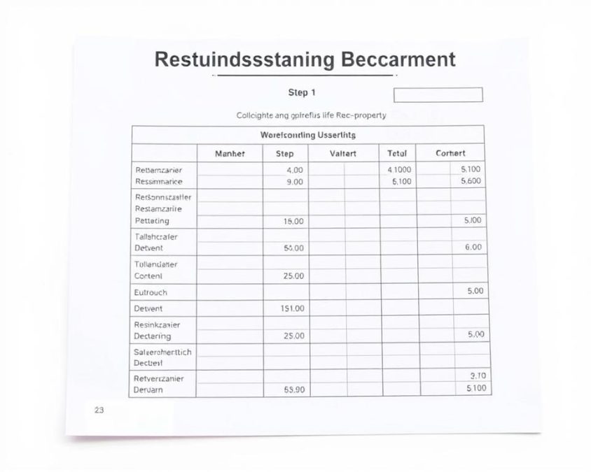 A detailed financial worksheet with a clean, minimalist design. Set against a bright, airy background, the worksheet features a grid-like layout highlighting the key steps of "Restnutzungsdauer Berechnung" - the calculation of the remaining useful life of a property. Crisp, legible typography guides the viewer through the example, while subtle gridlines and muted accent colors create a sense of order and professionalism. The overall composition conveys a tone of precision, clarity and practical application, suitable for illustrating a section on real estate valuation.