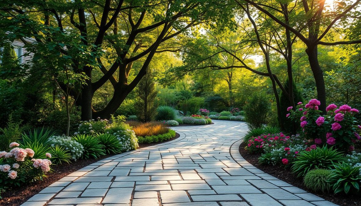 A lush and well-manicured garden path, paved with a mosaic of natural stone pavers in earthy tones. The path winds through a verdant oasis, surrounded by vibrant foliage and blooming flowers that add pops of color. Warm, natural sunlight filters through the canopy of trees, casting a gentle glow and creating dynamic shadows that accentuate the textural details of the paving. The scene exudes a sense of tranquility and invites the viewer to explore the serene outdoor space. A harmonious blend of design elements, natural materials, and thoughtful landscaping create an inviting and visually captivating garden ambiance.