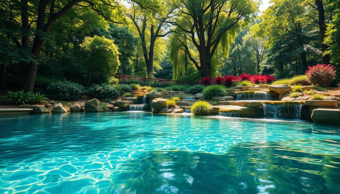 A lush, green bio-pool filter system nestled in a natural setting. The foreground features a clear, crystalline pool surface reflecting the surrounding foliage. In the middle ground, a series of gently cascading waterfalls and stone-lined channels guide the water through a multi-stage filtration process. The background showcases a dense, verdant landscape of towering trees and vibrant shrubs, creating a serene, tranquil atmosphere. Dappled sunlight filters through the canopy, casting a warm, natural glow over the scene. The overall composition conveys a sense of harmony between the pool's technical aspects and its seamless integration with the surrounding environment.