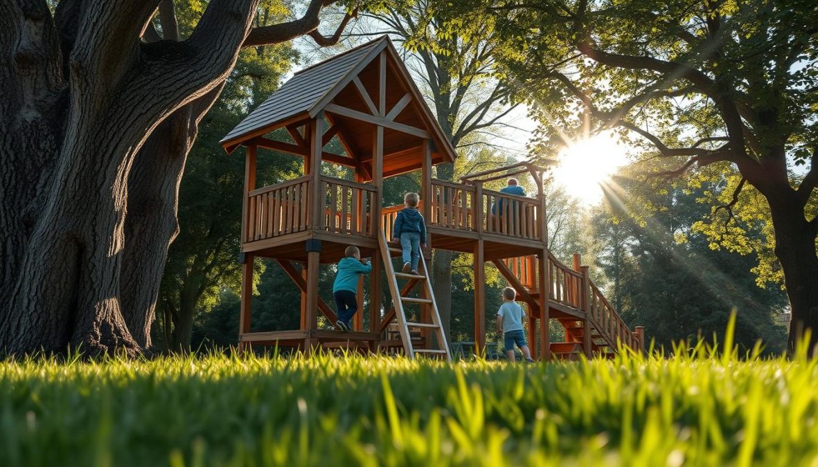 A lush outdoor playground, the Pickler Dreieck invites children to explore and climb. Sunlight filters through the surrounding foliage, casting a warm glow on the sturdy, wood-constructed climbing structure. Textured bark and smooth, polished surfaces offer a tactile experience, while thoughtfully placed platforms and ladders challenge young adventurers. The natural landscape blends seamlessly, with a grassy foreground leading the eye towards the dynamic climbing frame. Meticulously crafted details, such as sturdy joints and secure handholds, convey a sense of safety and durability. This idyllic scene captures the essence of an engaging, nature-inspired playset, perfect for a backyard oasis.