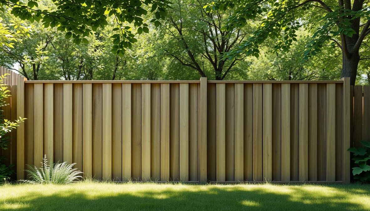 A lush, verdant garden backdrop with a sleek, minimalist fence in the foreground, crafted from weathered wood panels that seamlessly integrate into the natural surroundings. The fence's modular design maximizes privacy while occupying a compact footprint, creating an inviting and space-efficient solution. Dappled sunlight filters through the foliage, casting soft shadows and highlighting the fence's organic textures. The scene conveys a sense of tranquility and harmony, where function and aesthetics coexist in perfect balance.