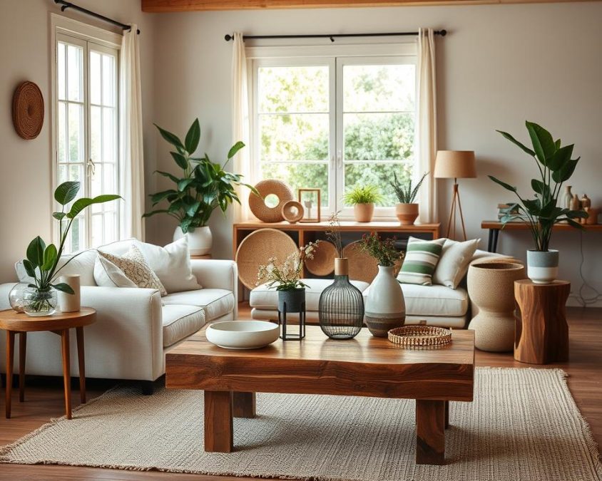 A modern interior featuring sustainable materials, showcasing a stylish living room with eco-friendly furniture. In the foreground, a cozy organic cotton sofa paired with recycled wood side tables, adorned with indoor plants in ceramic pots. The middle ground includes a chic, handcrafted coffee table made of reclaimed wood, accentuated by decorative items like woven baskets and upcycled glass vases. The background offers a bright window with natural light flooding in, illuminating the space and highlighting the textures of natural fabrics and reclaimed materials. The overall atmosphere is warm and inviting, emphasizing the trend of sustainable living. Use soft, natural lighting to create a serene ambiance, captured from a slightly elevated angle to provide depth and perspective.