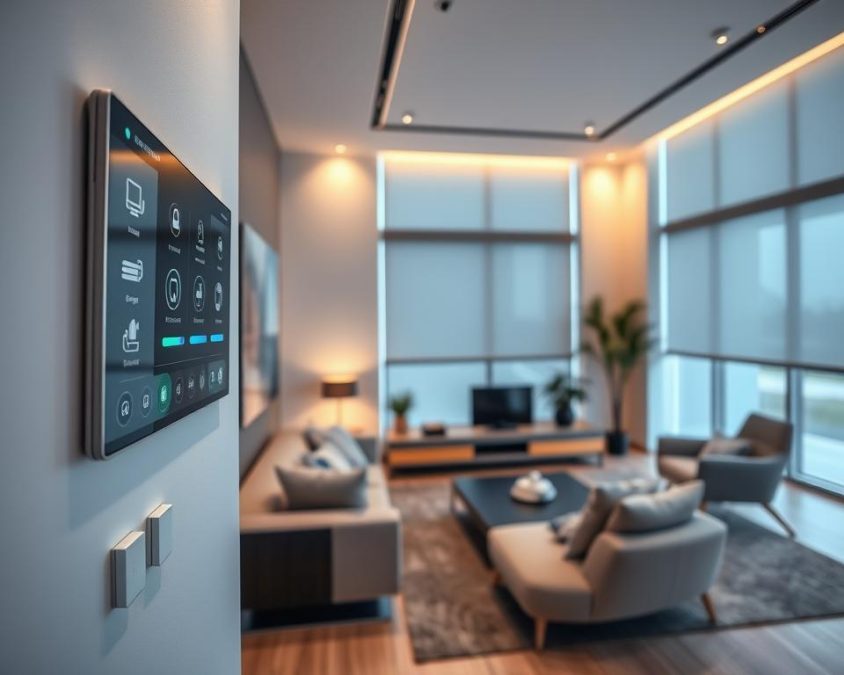 A modern interior living room showcasing advanced smart home technology seamlessly integrated into its design. In the foreground, a sleek touchscreen control panel is mounted on the wall, displaying intuitive controls for lighting, temperature, and security. The middle ground features a stylish sofa equipped with discreet smart speakers and charging stations, while soft ambient lighting creates a warm, inviting atmosphere. The background showcases large windows with automated shades, letting in natural light while enhancing privacy. The scene is captured with a wide-angle lens at eye level, emphasizing the spaciousness and coherence of technology within the home. The overall mood is sophisticated and futuristic, reflecting the ideals of modern living where technology is both functional and unobtrusive.