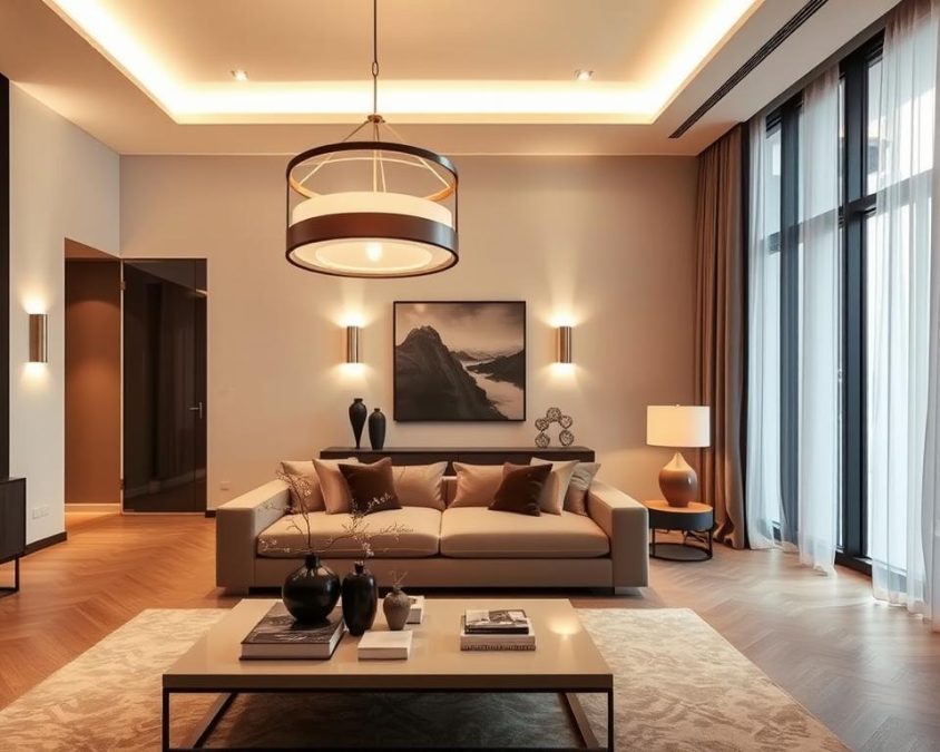 A modern interior space showcasing innovative light design as the focal point, featuring a sleek living room with elegant lighting fixtures. In the foreground, a contemporary chandelier casts a warm glow over a minimalist coffee table adorned with artful decor. The middle ground highlights strategically placed wall sconces that create a soft, ambient light, enhancing the room's curated aesthetic. The background features large windows that invite natural light, framed by elegant drapes that complement the décor. The atmosphere is serene and inviting, with rich textures and a harmonious color palette that exemplifies the significance of light design in spatial arrangement. Use a wide-angle lens to capture the entire scene, emphasizing the interplay of shadows and light reflections, creating a cozy yet sophisticated mood.