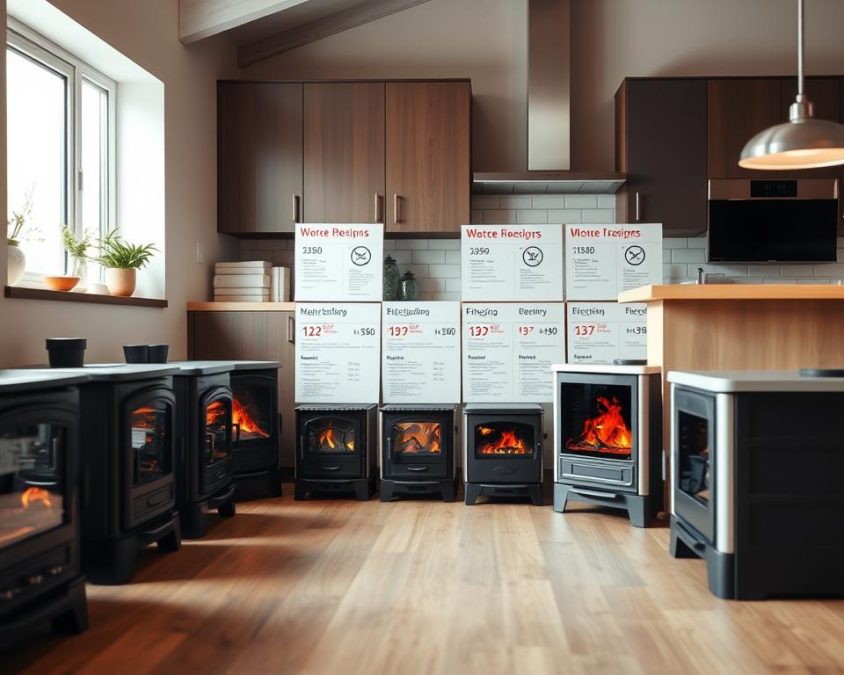 A modern kitchen interior showcasing a variety of heating stoves, with a focus on different models and sizes for a price comparison. In the foreground, neatly arranged stoves in various styles, from traditional wood-burning to sleek electric models. The middle ground features an organized display of price tags and specifications, highlighting energy efficiency ratings and emissions values. The background has kitchen elements like cabinets and countertops, enhancing the homely atmosphere. Soft, natural lighting filters through a window, creating an inviting warmth. Use a slight low angle to capture the stoves prominently, emphasizing their design and functionality. Aim for a professional and informative tone, suitable for a retail setting.