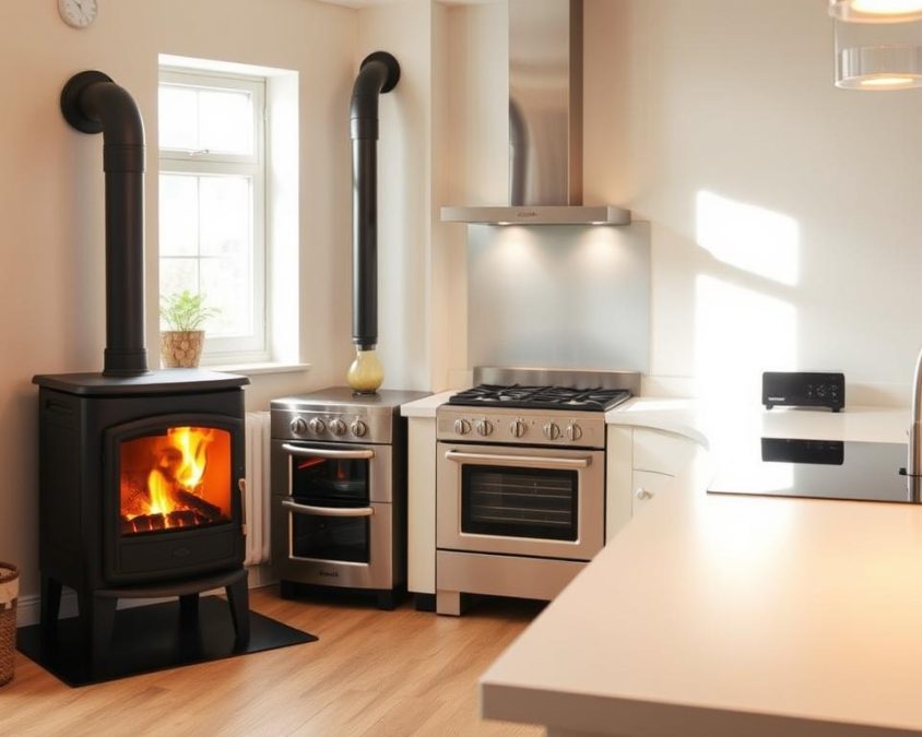 A modern kitchen interior showcasing various types of stoves in a harmonious layout. In the foreground, there is a stylish wood-burning stove with warm flames flickering inside, emphasizing its cozy ambience. To the side, a sleek, contemporary gas stove, its knobs gleaming under the bright, natural light filtering through a nearby window. In the background, an electric induction stove is placed on a polished countertop, reflecting a minimalist design. The kitchen walls feature soft pastel colors, giving a calming vibe. Bright overhead lights illuminate the scene, enhancing the details of the stoves while casting gentle shadows. The overall atmosphere is inviting and practical, perfect for those seeking efficient, space-saving heating solutions in home design.