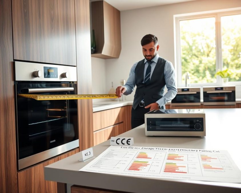 A modern kitchen scene where a professional interior designer, dressed in smart casual attire, reviews various sizes of ovens with a measuring tape. In the foreground, the designer is closely examining a sleek, energy-efficient oven that fits seamlessly within the kitchen cabinetry. In the middle ground, there are several other ovens displayed alongside detailed measurement charts and energy efficiency ratings on a sleek kitchen countertop. The background features a well-lit, contemporary kitchen design, emphasizing functionality and style. Natural light filters in through a large window, casting soft shadows and creating a bright, inviting atmosphere. The overall mood reflects professionalism and creativity, showcasing the thoughtful process of determining the right oven size for optimal efficiency and space utilization.