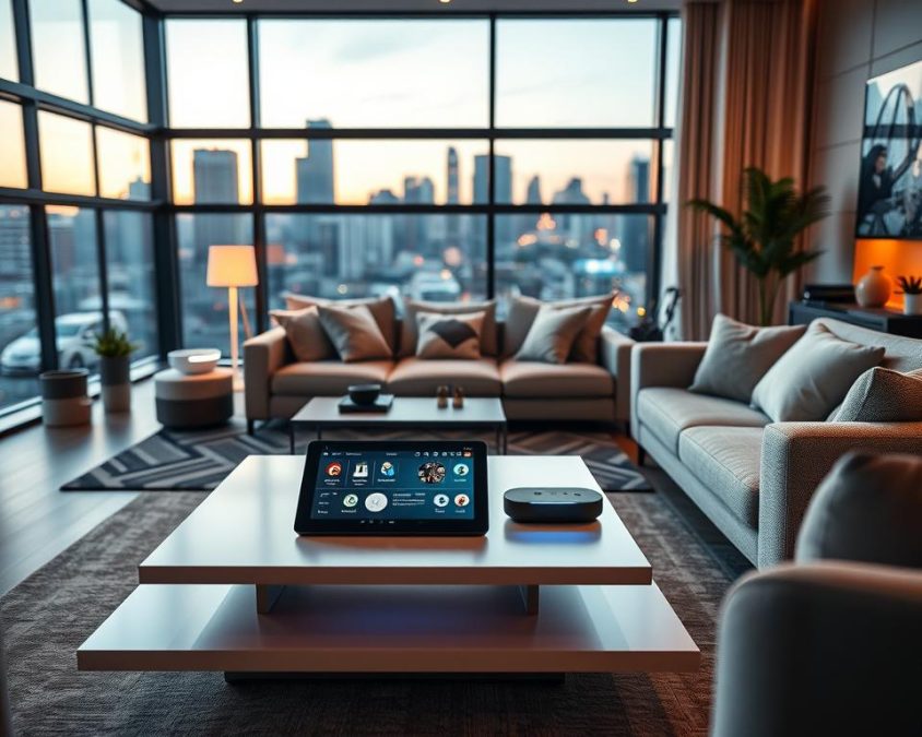 A modern living room designed for smart home integration in 2026. In the foreground, a sleek, minimalist coffee table with a tablet displaying a smart home interface. In the middle, a stylish sofa with smart textiles that adjust warmth and comfort, surrounded by ambient lighting that changes color according to mood. High-tech devices, such as smart speakers and robotic assistants, blend seamlessly into the décor. In the background, large windows reveal a cityscape at dusk, with soft natural light transitioning to warm interior lighting. The atmosphere is futuristic yet cozy, inviting innovation in lifestyle. Use a dynamic angle to capture depth, with soft focus on the background and sharp details in the foreground, to emphasize the integration of technology in everyday life.