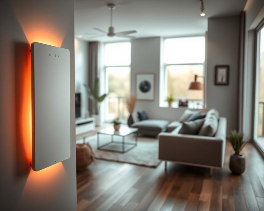 A modern living room featuring smart heating technologies, with a sleek, minimalist aesthetic. In the foreground, a stylish, compact wall-mounted heating panel radiates warmth, accentuated by soft ambient lighting. The middle space showcases a cozy seating area with elegant furniture and a smart thermostat on the wall. Natural light streams through large windows, highlighting the integration of energy-efficient heating solutions. The background is adorned with tasteful decor, such as indoor plants and modern art, creating an inviting atmosphere. Capture the essence of innovation, sustainability, and comfort, with a focus on the harmonious blend of technology and interior design, shot at a slightly elevated angle for a comprehensive view.