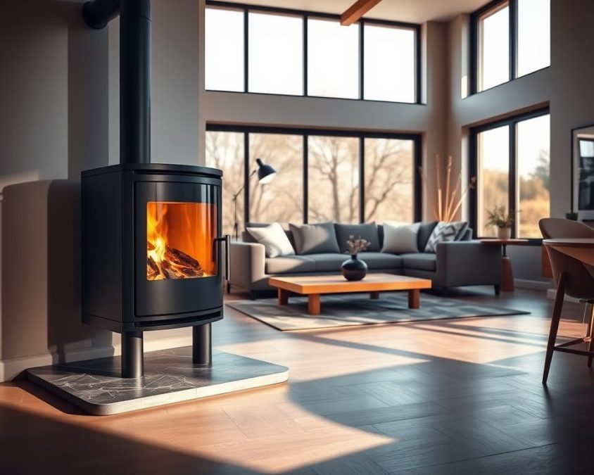 A modern living room featuring the installation of a sleek, contemporary wood-burning stove as the focal point. In the foreground, a stylish stove with clean lines and a glass door, surrounded by a polished stone hearth. The middle ground displays an elegant arrangement of minimalist furniture: a cozy sofa and a wooden coffee table, complemented by decorative plants. In the background, large windows allow warm natural light to flood in, enhancing the inviting atmosphere. The scene is captured from a slightly elevated angle, focusing on the stove and its integration into the living space. Soft shadows create a warm and welcoming mood, emphasizing the harmony between functionality and modern design in home heating solutions.