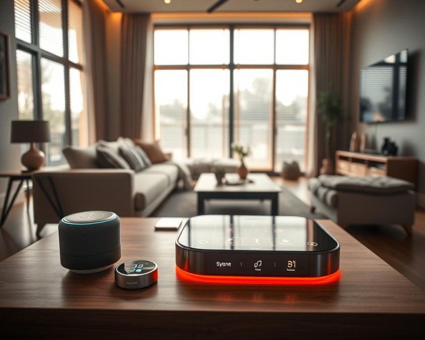 A modern living room seamlessly integrated with smart home technology. In the foreground, sleek smart devices, like a digital assistant and smart thermostat, sit elegantly on a minimalist coffee table. The middle layer showcases a comfortable sofa with a smart coffee table that displays glowing touch controls and home automation features. In the background, large windows let in bright natural light, highlighting automatic blinds and a smart TV mounted on the wall. The atmosphere is cozy and futuristic, with warm LED lighting creating an inviting glow. The scene captures the essence of everyday life enhanced by invisible technology in a serene, stylish setting, illustrating the concept of smart home integration in 2026.