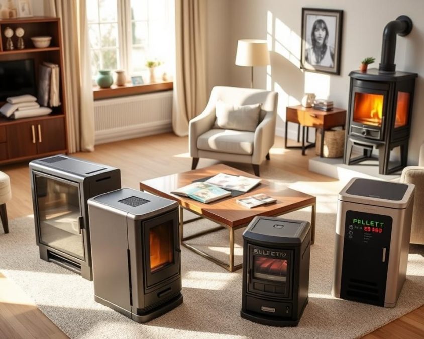A modern living room showcasing a comparison of popular heating stove models, each with distinct designs and features. In the foreground, three types of stoves: a sleek, minimalist electric model, a traditional wood-burning stove with intricate detailing, and a contemporary pellet stove with a user-friendly interface. The middle ground features an elegant coffee table adorned with brochures and specifications for each stove, along with a cozy armchair for added comfort. The background is a softly lit ambience with neutral walls and tasteful decor, enhancing the warmth of the space. Natural sunlight filters through a window, casting gentle shadows, creating an inviting atmosphere. The overall mood is informative yet cozy, perfect for a discussion about efficient, space-saving heating options.
