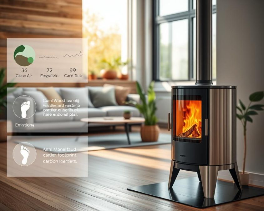 A modern living room showcasing an elegant wood-burning stove, prominently featured in the foreground. The stove is sleek, made of polished steel with a glass front revealing glowing embers. To the left, an infographic displaying emissions data, with symbols for environmental benefits like clean air and reduced carbon footprint. In the middle ground, a cozy setting with a stylish sofa and green plants, creating a warm, inviting atmosphere. Soft morning light filters through a window, casting gentle shadows and highlighting the stove. The background includes natural wood elements and neutral-colored walls, enhancing the harmony with nature. The overall mood is calm and eco-conscious, emphasizing sustainable living.