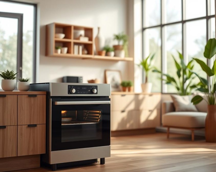 A modern living space featuring multifunctional ovens as the focal point. In the foreground, a sleek, stylish oven designed with innovative features such as smart controls and energy-efficient elements. The middle layer includes tasteful kitchen furnishings, like minimalist shelves and potted plants, enhancing the welcoming atmosphere. In the background, large windows allow natural light to flood the room, creating a warm ambiance. The scene should reflect a smart, space-saving design, emphasizing the versatility of the oven while maintaining a clean, contemporary aesthetic. Use soft, diffused lighting to create a serene environment, capturing the essence of a well-designed, functional kitchen. The angle should be slightly above the eye level, offering a comprehensive view of the space.