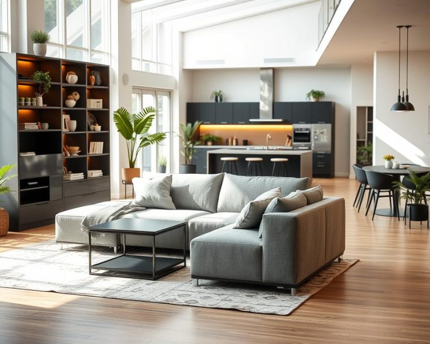 A modern living space showcasing multifunctional furniture designed for flexible living concepts. In the foreground, a sleek sofa that easily converts into a bed, paired with a coffee table that transforms into a dining table. The middle ground features a stylish shelving unit with integrated lighting, displaying decorative items and storage solutions. The background shows a well-lit, open-plan kitchen with hidden compartments for maximizing space. Natural light pours in through large windows, creating a warm and inviting atmosphere. The room is adorned with indoor plants, adding a touch of greenery. Use a crisp lens with soft focus on the background, emphasizing the innovative furniture. The overall mood is contemporary and practical, reflecting modern living trends.