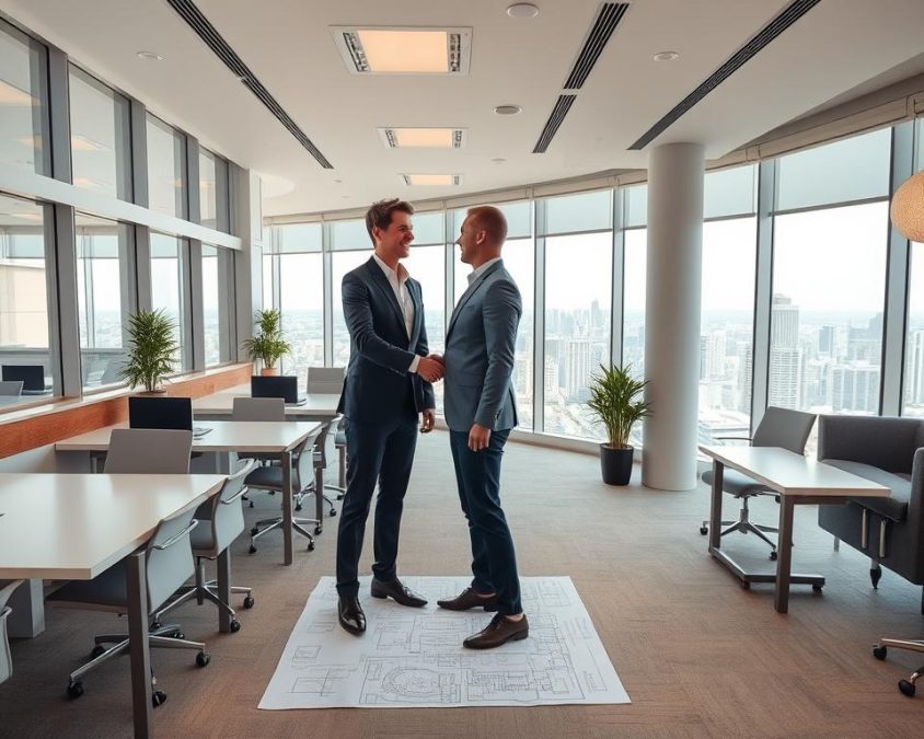 A modern, minimalist office interior with floor-to-ceiling windows overlooking a cityscape. Sleek desks and chairs arranged in an open-plan layout, creating a collaborative atmosphere. Neutral color palette with accents of wood and metal, exuding a sense of professionalism and sophistication. Subtle lighting fixtures illuminate the space, casting a warm glow. In the foreground, two business people shake hands, symbolizing a successful partnership between an architecture firm and a construction company. The middle ground features architectural plans and blueprints, highlighting the planning and design process. The background showcases a panoramic view of a bustling city skyline, emphasizing the scale and scope of the projects undertaken by this dynamic duo.