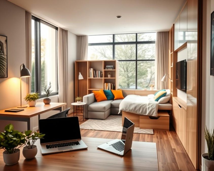 A modern multifunctional living space designed for flexible living, showcasing a stylish, compact studio with a foldable wall bed, a small dining area, and a workspace seamlessly integrated. In the foreground, a neatly arranged desk with a laptop and plants. The middle of the image features a couch that converts into a bed, accentuated by colorful cushions and a minimalist bookshelf. The background reveals large windows allowing natural light to flood the room, highlighting the versatility of the space. Soft, warm lighting adds a cozy atmosphere, while the use of neutral tones with vibrant accents creates a welcoming ambiance. The perspective is slightly elevated, capturing the entire room, blending functionality with elegance. No people are depicted, ensuring focus remains on the innovative design.