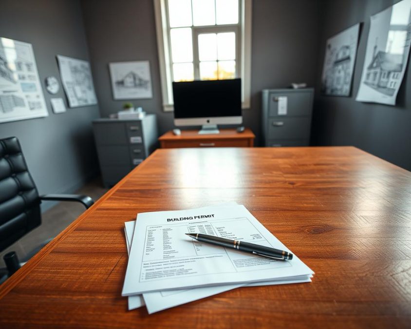 A modern office interior with a large wooden desk, a stack of documents representing a building permit, and a pen resting on the desk. The room is filled with natural light from a window, creating a professional and administrative atmosphere. The walls are adorned with architectural plans and blueprints, hinting at the process of obtaining a building permit. A computer monitor displays relevant information, and a file cabinet stands nearby, suggesting the organized documentation required for the permit process. The overall scene conveys the legal and regulatory aspects of constructing a new home.