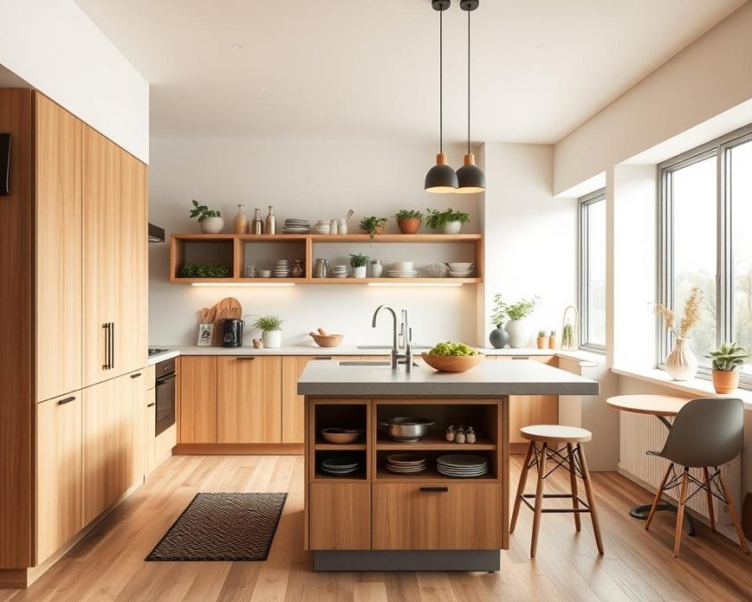 A modern, space-efficient kitchen featuring innovative designs tailored for culinary enthusiasts. The foreground showcases a sleek, compact kitchen island with built-in storage, blending seamlessly with minimalist cabinetry in warm, neutral tones. In the middle ground, open shelving displays neatly organized kitchenware and vibrant potted herbs, enhancing functionality. The background features large windows allowing natural light to flood the space, highlighting the kitchen's inviting atmosphere. Soft, diffused lighting creates a cozy mood. Capture this scene from a slightly elevated angle to emphasize the room's layout and clever use of space, with a wide-angle lens to accentuate the sense of openness and comfort in this stylish, efficient kitchen environment.