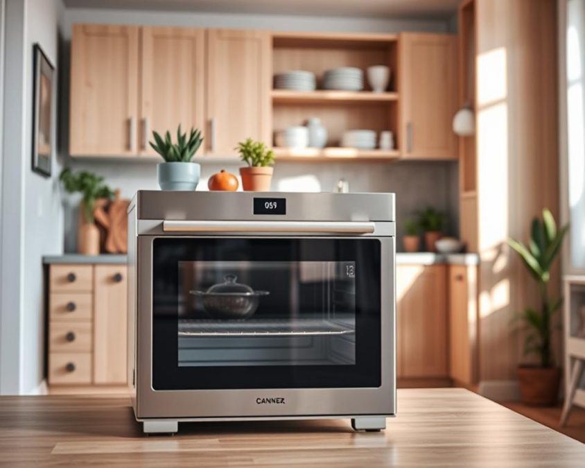 A modern, space-saving oven designed for small apartments, showcased in a cozy, well-decorated kitchen. In the foreground, the sleek oven is made of stainless steel and features smooth, minimalist lines and a digital interface. In the middle ground, there is a stylish countertop with decorative kitchenware, plants, and natural light streaming through a window, creating a warm atmosphere. In the background, light wooden cabinets and shelves filled with neatly arranged dishes add to the sense of smart design. The scene is illuminated by soft, diffused lighting that highlights the oven’s features while showcasing the inviting ambiance of the kitchen. The angle is slightly elevated to balance visibility of the oven and the kitchen layout, evoking a feeling of efficient living in a limited space.