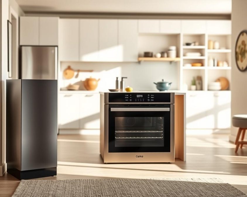 A modern, space-saving oven solution designed for compact living spaces, surrounded by a stylish yet minimalistic kitchen environment. In the foreground, showcase the sleek, stainless steel oven with innovative features like a digital display and energy-efficient design. The middle ground features a small kitchen island with a few decorative items, emphasizing functionality and elegance. In the background, display light-colored cabinetry and well-organized pantry items, creating a sense of spaciousness. Soft natural light streams through a nearby window, casting gentle shadows and enhancing the warm atmosphere. The image captures a sense of modern living that balances style and utility, ideal for urban dwellers seeking efficient cooking solutions.