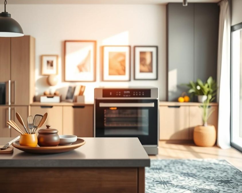 A modern, stylish living room interior showcasing a sleek, compact oven as the focal point. The oven should be elegantly designed, with a digital display and energy-efficient features visible. In the foreground, a neatly arranged kitchen island with utensils and decorative items adds a homey touch. In the middle ground, the oven is situated against a backdrop of contemporary cabinetry and wall art, emphasizing its practical size for smaller spaces. The background fades into a bright, airy window with natural sunlight streaming in, creating a warm and inviting atmosphere. Use soft, diffused lighting to enhance the comfort of the scene, while maintaining a clear depth of field that draws attention to the oven's details. The mood reflects smart, efficient living, suitable for modern households.