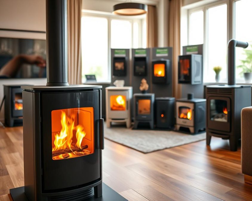 A modern, stylish living room showcasing a variety of wood-burning and gas stoves, focusing on the selection process. In the foreground, display a sleek, contemporary stove with a minimalist design, glowing warmly with a flickering flame visible through the glass door. In the middle ground, include a well-organized, attractive display of different stove models, emphasizing their energy efficiency ratings and compact sizes. The background should feature a well-lit room with natural light streaming through large windows, highlighting a cozy, inviting atmosphere. Use soft, warm lighting to create a comfortable mood, and angle the shot slightly above eye level to capture both the stoves and the room's harmonious layout. The composition should inspire a sense of thoughtful selection and energy-conscious living, with no text or distractions in the image.