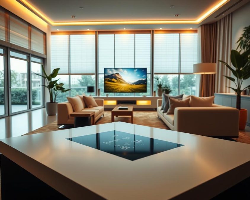 A modern, stylish living room showcasing smart home technology seamlessly integrated into the design. In the foreground, a sleek, minimalist coffee table with a subtle touch screen interface. In the middle ground, a plush sofa adorned with smart pillows that adjust to body temperature, and a large smart TV displaying ambient content. The background features floor-to-ceiling windows with automated blinds and smart lighting that creates a warm and inviting atmosphere, with soft, natural light flooding in. The room is decorated in neutral tones with accents of greenery, promoting a sense of tranquility and innovation. The overall mood is futuristic yet cozy, emphasizing the aesthetic harmony of advanced technology in everyday living spaces. The scene is captured from a slightly elevated angle to showcase the room's layout and elegant design.