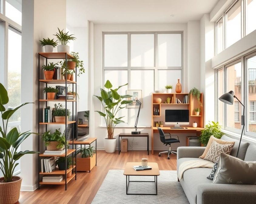 A modern, well-organized living space showcasing vertical space utilization techniques. In the foreground, there’s a stylish tall shelving unit filled with plants, books, and decorative items, beautifully arranged to maximize space. Moving into the middle ground, we see a cozy workspace with a compact desk mounted on the wall, complemented by ergonomic chairs and vertical storage solutions. The backdrop features large windows allowing natural light to flood the room, highlighting the harmonious design. The atmosphere is warm and inviting, with soft, diffuse lighting creating a welcoming mood. Use a wide-angle lens to capture the entire scene, emphasizing the height and depth of the room while maintaining a clean, contemporary aesthetic. No people are present, ensuring a focus on the space's design elements and efficiency.