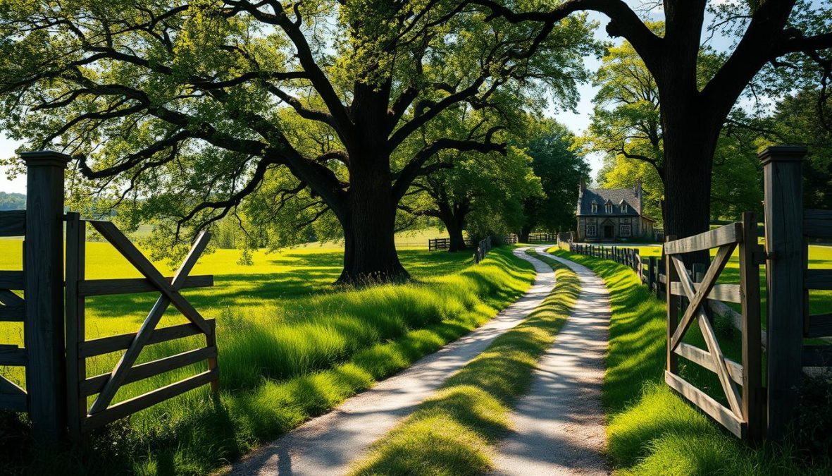 A peaceful country road winds through a lush, verdant landscape. In the foreground, a sturdy wooden gate stands as a symbol of a landowner's right of way. The gate's weathered planks and iron hinges suggest its longstanding presence, a testament to the enduring nature of property laws. Beyond the gate, the path continues, framed by towering trees casting dappled shadows across the ground. Sunlight filters through the canopy, illuminating the scene with a warm, natural glow. In the distance, a quaint farmhouse or cottage comes into view, hinting at the human element intertwined with the legal complexities of easements and rights of way. The overall atmosphere conveys a sense of tranquility and the delicate balance between private property and public access.