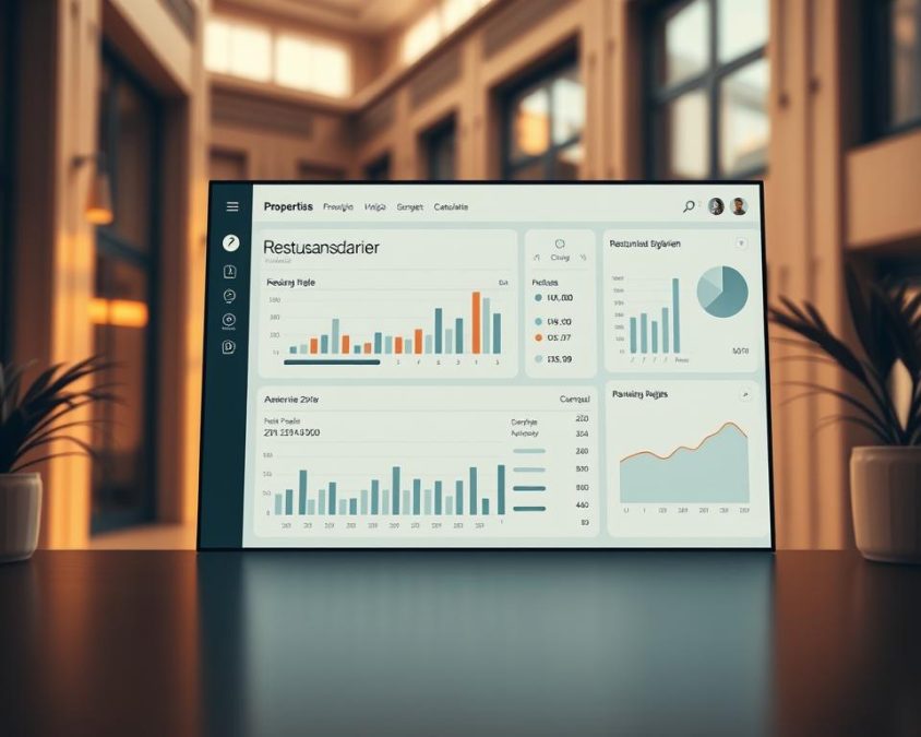 A professional digital calculation tool for property valuation, featuring a detailed Restnutzungsdauer (remaining useful life) assessment. The interface displays a clean, minimalist dashboard with interactive graphs, charts, and data visualizations. Warm, muted tones create a soothing, authoritative atmosphere. The foreground showcases the core functionality, with intuitive sliders and input fields. The middle ground reveals supporting analytical data, while the background implies a sense of expertise and precision through architectural elements. Subtle lighting accentuates the depth and dimensionality of the scene, creating a polished, high-quality impression befitting a professional real estate assessment tool.