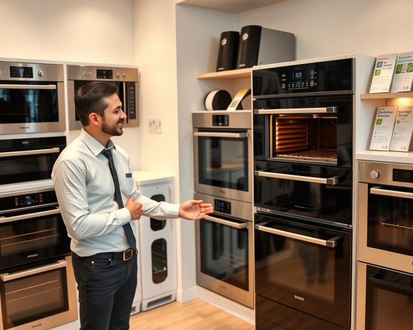 A professional oven dealer’s showroom, featuring a variety of modern and efficient ovens on display. In the foreground, a friendly, knowledgeable dealer in a smart casual outfit engages with a customer, pointing out key features of a sleek, upright oven. The middle layer shows an array of ovens, highlighting their diverse sizes and designs: compact, wall-mounted units, traditional wood-burning stoves, and sleek, contemporary electric options. The background includes soft ambient lighting that creates a warm atmosphere, with clean, organized shelves holding brochures on energy efficiency and emissions ratings. The overall mood is inviting and informative, reflecting a professional environment focused on smart kitchen solutions. A well-lit, clear angle captures the interaction and the variety of ovens, emphasizing space-saving design and efficiency without any text or distractions.