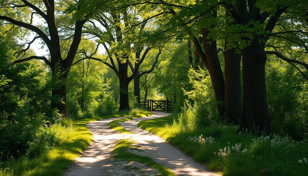 A serene landscape with a winding dirt path cutting through lush, verdant foliage. Tall, stately trees line the path, their branches casting dappled shadows across the ground. Sunlight filters through the leaves, creating a warm, natural glow. In the distance, a rustic wooden fence or gate hints at the boundary of private property, suggesting the nuances of an unrecorded right-of-way. The scene evokes a sense of tranquility and the quiet interplay between public access and private ownership. Photorealistic, natural lighting, DSLR 85mm lens, realistic imperfections, no text.