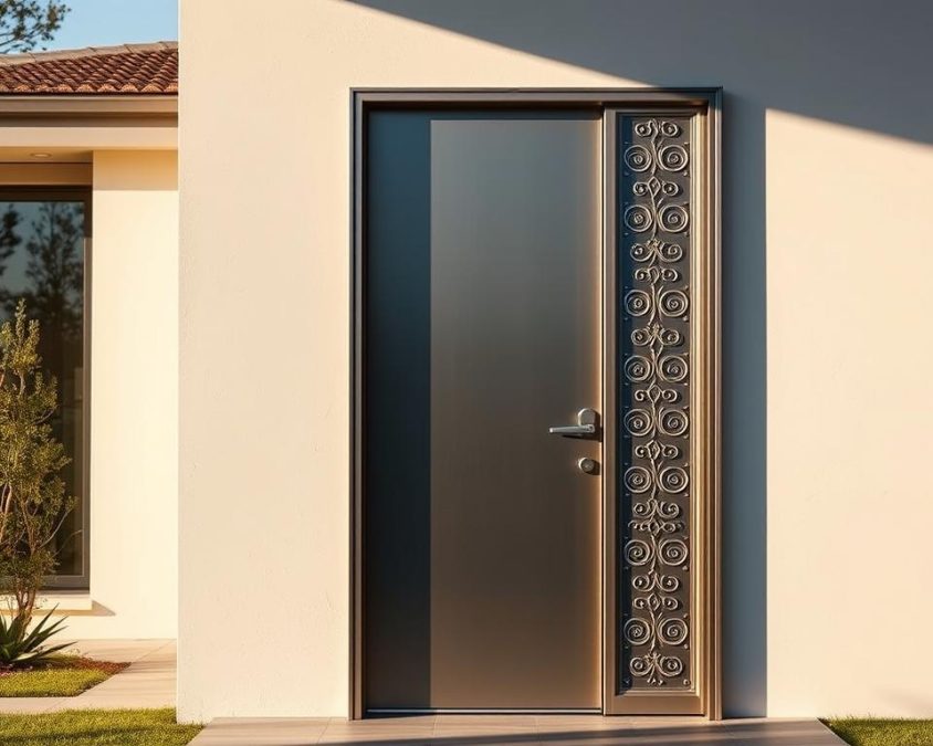 A sleek, energy-efficient aluminium front door stands tall against a backdrop of a contemporary, minimalist house. The door's smooth, metallic surface reflects the sunlight, casting a warm glow. Subtle textures and intricate patterns adorn the frame, showcasing the craftsmanship. The door's design seamlessly blends function and aesthetic, with clean lines and a streamlined profile. Careful attention has been paid to the thermal and insulation properties, ensuring maximum energy efficiency. The overall composition exudes a sense of sophistication, inviting visitors to enter a modern, eco-conscious home.