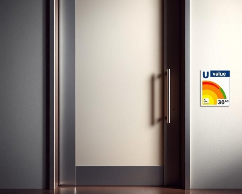 A sleek, modern aluminum front door with a prominent U-value label prominently displayed, showcasing its exceptional thermal efficiency. The door is bathed in warm, directional lighting, highlighting its clean lines and metallic finish. The background is minimalist, with a soft, defocused gray gradient, allowing the door to take center stage. The image conveys a sense of sophistication and energy-conscious design, reflecting the key points of the article section on U-value and thermal performance.