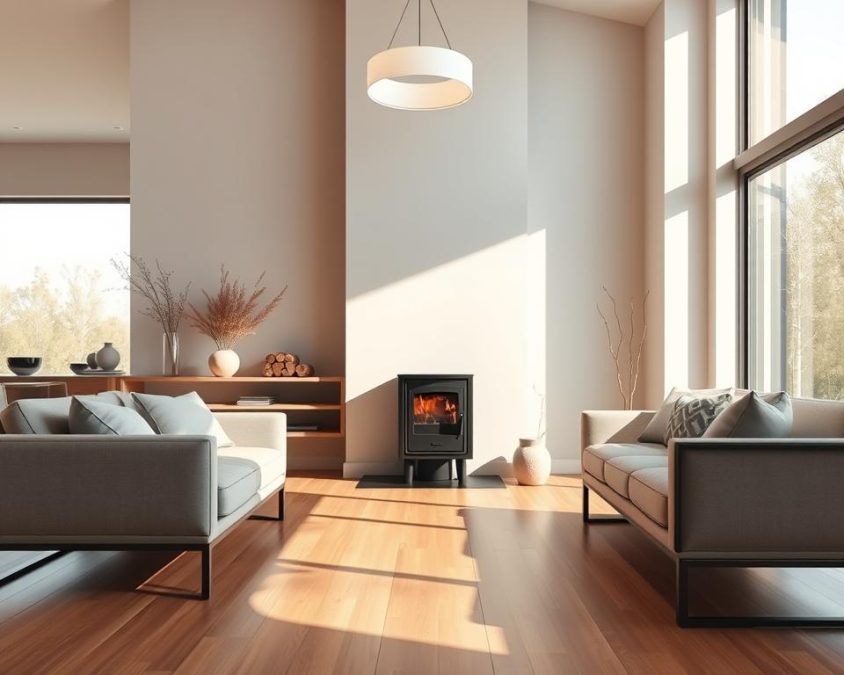 A sleek, modern living room showcasing a stylish wood-burning stove seamlessly integrated into a minimalistic interior design. The foreground features a cozy seating area with elegant, simple furniture in neutral tones, complemented by plush cushions. In the middle, the contemporary stove, made of black steel with clean lines, serves as the focal point, situated against a light-colored wall adorned with subtle decorative elements. The background includes large windows allowing natural light to flood in, creating a warm atmosphere. Soft shadows play across the polished wooden floor, enhancing the inviting mood. A softly lit pendant light hangs above, adding a touch of sophistication. The overall ambiance should reflect comfort, modernity, and efficient space management typical of minimalistic styling.