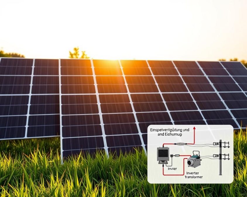 A solar energy panel installation set against a serene, sun-dappled meadow. The panels gleam in the warm, golden light, their sleek black surfaces casting geometric shadows across the lush green grass. In the foreground, a detailed visual schematic illustrates the key components of the system - the inverter, transformer, and electrical grid connection - all working together seamlessly to showcase the efficient process of "Einspeisevergütung und Eigenverbrauch". The background depicts a calm, cloudless sky, suggesting the renewable, sustainable nature of this energy source. The overall composition conveys a sense of harmony between technology and nature, highlighting the benefits of solar power for both the homeowner and the environment. A solar energy panel installation set against a serene, sun-dappled meadow. The panels gleam in the warm, golden light, their sleek black surfaces casting geometric shadows across the lush green grass. In the foreground, a detailed visual schematic illustrates the key components of the system - the inverter, transformer, and electrical grid connection - all working together seamlessly to showcase the efficient process of "Einspeisevergütung und Eigenverbrauch". The background depicts a calm, cloudless sky, suggesting the renewable, sustainable nature of this energy source. The overall composition conveys a sense of harmony between technology and nature, highlighting the benefits of solar power for both the homeowner and the environment.