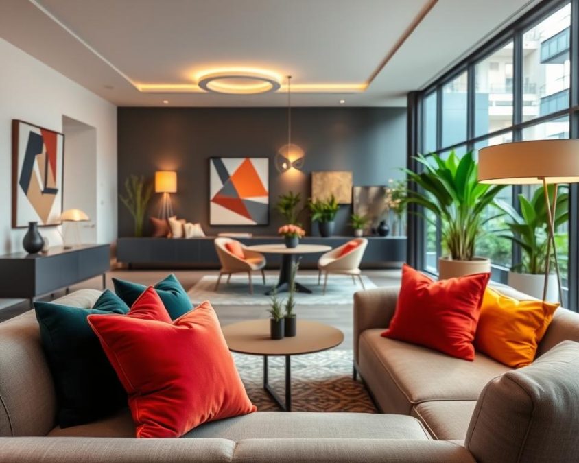A stylish modern interior showcasing the seamless integration of 2026 design trends. In the foreground, elegant furniture pieces such as a sleek sofa and minimalist coffee table contrast with vibrant throw pillows that embody the latest color palettes. The middle ground features an open-plan living space, accentuated by geometric wall art and innovative lighting fixtures that cast a warm, inviting glow. In the background, large windows reveal a lush urban garden, enhancing the link between indoor and outdoor spaces. The scene is captured with a soft-focus lens that emphasizes depth, creating a cozy yet sophisticated atmosphere. The overall mood is contemporary and inspiring, encouraging viewers to envision stylish and functional living spaces.